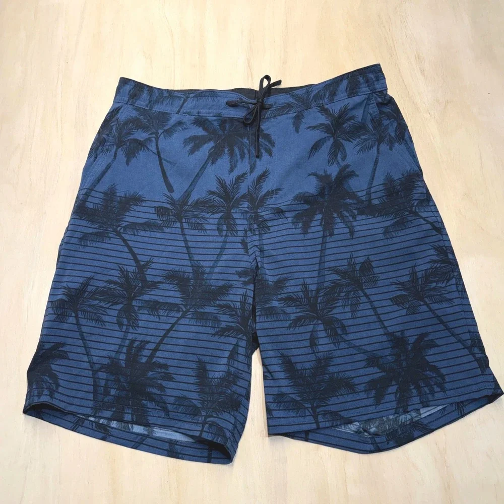 Kirkland Signature Mens Medium Stretch Swim Shorts Blue‎ Palm Tree Lined NWOT